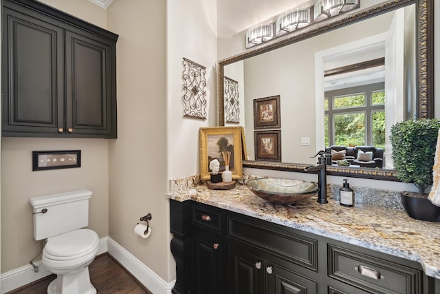 3803 Lake Cove Ct, Corinth, TX 76210 - full bathroom featuring wood finished floors, baseboards, toilet, and vanity