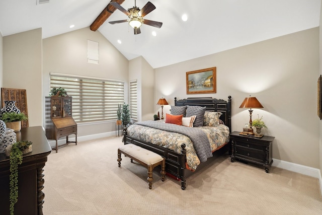3803 Lake Cove Ct, Corinth, TX 76210 - carpeted bedroom featuring baseboards, beamed ceiling, high vaulted ceiling, a ceiling fan, and recessed lighting