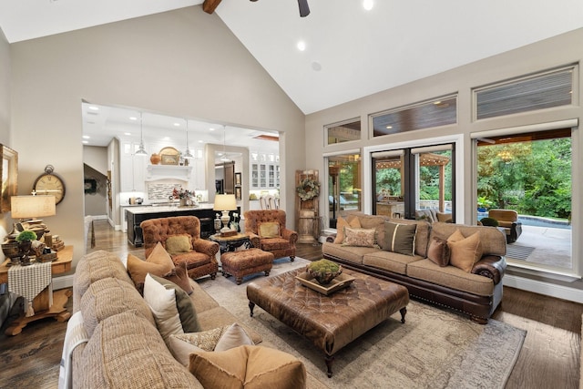 3803 Lake Cove Ct, Corinth, TX 76210 - living room featuring high vaulted ceiling, wood finished floors, beam ceiling, ceiling fan, and recessed lighting