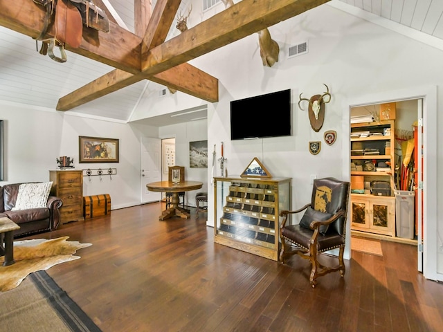 1951 Ravenwood Dr, Keller, TX 76262 - living room featuring hardwood / wood-style flooring, wooden ceiling with exposed beams, and high vaulted ceiling