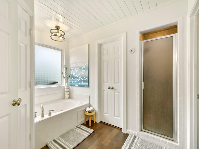 1951 Ravenwood Dr, Keller, TX 76262 - bathroom with a stall shower, wood finished floors, a whirlpool tub, and wood ceiling