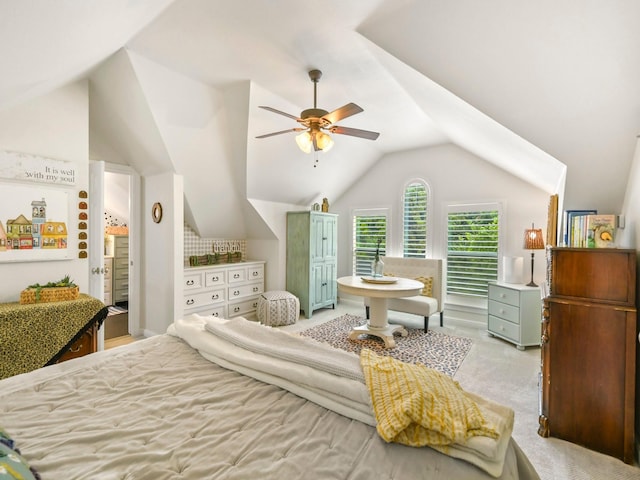 1951 Ravenwood Dr, Keller, TX 76262 - bedroom with vaulted ceiling, light colored carpet, and a ceiling fan