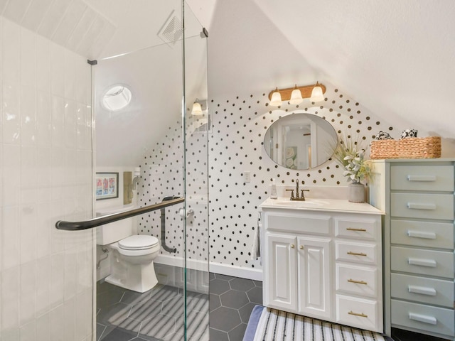 1951 Ravenwood Dr, Keller, TX 76262 - bathroom featuring vaulted ceiling, vanity, tile patterned floors, toilet, and a shower with door
