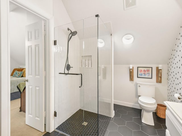 1951 Ravenwood Dr, Keller, TX 76262 - bathroom with a shower stall, ensuite bath, vanity, lofted ceiling, and toilet