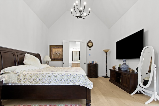 16098 Garganey Ct, Frisco, TX 75035 - bedroom with a chandelier, high vaulted ceiling, light wood-style floors, and ensuite bath
