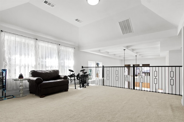 16098 Garganey Ct, Frisco, TX 75035 - living area featuring carpet floors and beam ceiling