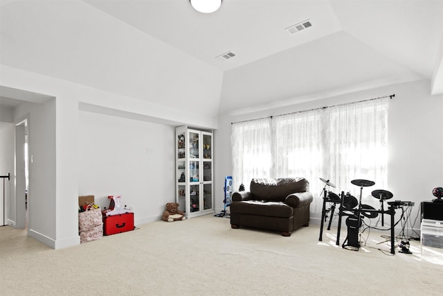 16098 Garganey Ct, Frisco, TX 75035 - sitting room featuring carpet flooring, vaulted ceiling, and baseboards