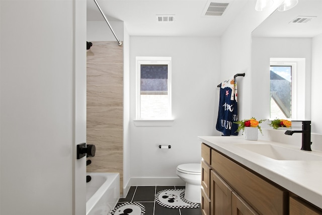 16098 Garganey Ct, Frisco, TX 75035 - full bathroom with tile patterned floors, vanity, toilet, baseboards, and shower / bath combination