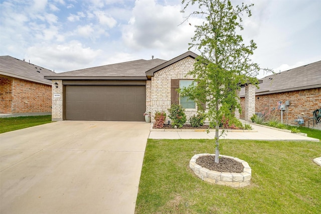 16556 White Fish Ln, Justin, TX 76247 - view of front facade with an attached garage, concrete driveway, a front lawn, and brick siding