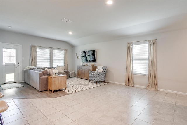 16556 White Fish Ln, Justin, TX 76247 - living room featuring vaulted ceiling, recessed lighting, and baseboards