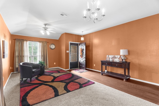 805 Canyon Pl, Desoto, TX 75115 - entryway with wood finished floors, ceiling fan, baseboards, and lofted ceiling