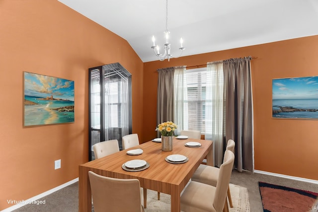 805 Canyon Pl, Desoto, TX 75115 - dining room with carpet floors, a chandelier, lofted ceiling, and baseboards
