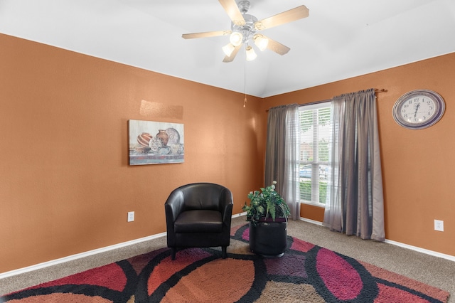 805 Canyon Pl, Desoto, TX 75115 - sitting room featuring carpet floors, ceiling fan, baseboards, and lofted ceiling