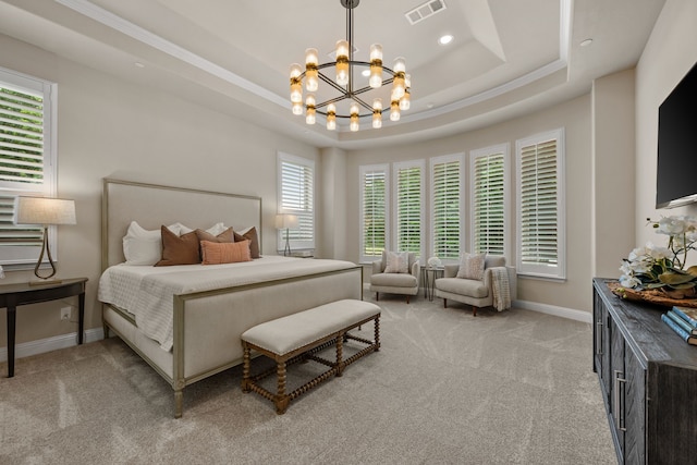 2100 Veranda Ave, Trophy Club, TX 76262 - bedroom with a chandelier, light carpet, a tray ceiling, baseboards, and recessed lighting
