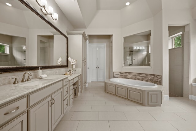 2100 Veranda Ave, Trophy Club, TX 76262 - bathroom with double vanity, a bath, and tile patterned floors