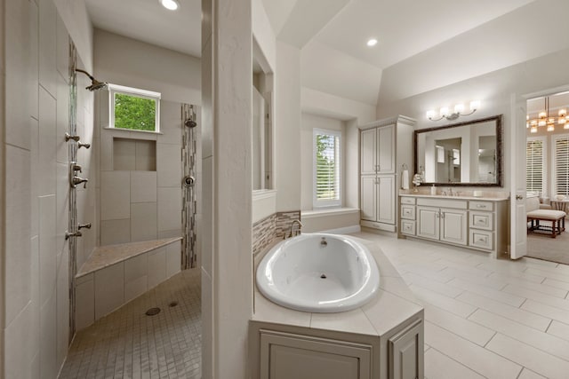 2100 Veranda Ave, Trophy Club, TX 76262 - bathroom featuring a jetted tub, a tile shower, vanity, healthy amount of natural light, and recessed lighting