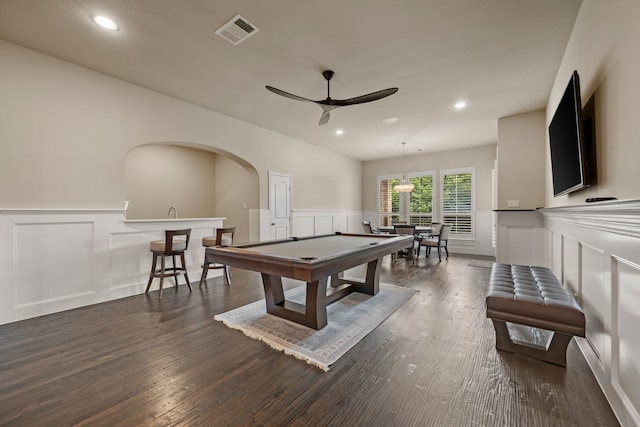 2100 Veranda Ave, Trophy Club, TX 76262 - recreation room with a decorative wall, wainscoting, billiards, ceiling fan, and recessed lighting