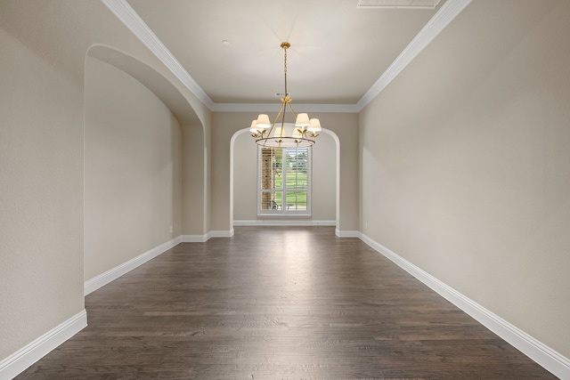 2100 Veranda Ave, Trophy Club, TX 76262 - unfurnished room featuring dark wood-type flooring, a chandelier, baseboards, ornamental molding, and arched walkways