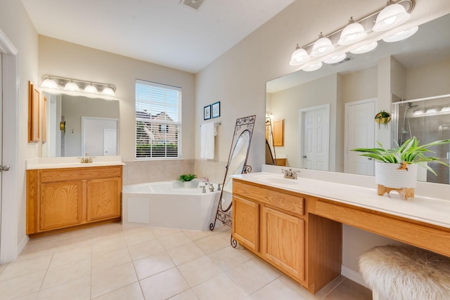 1090 Potter Ave, Rockwall, TX 75087 - full bath with a shower stall, a bath, tile patterned floors, and two vanities