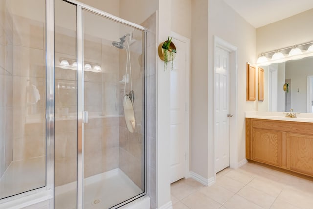 1090 Potter Ave, Rockwall, TX 75087 - bathroom featuring a stall shower, vanity, tile patterned flooring, and baseboards