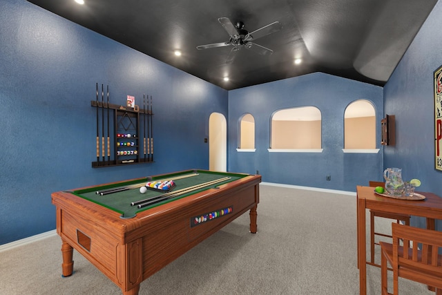 1090 Potter Ave, Rockwall, TX 75087 - playroom with carpet floors, a ceiling fan, billiards table, baseboards, and vaulted ceiling