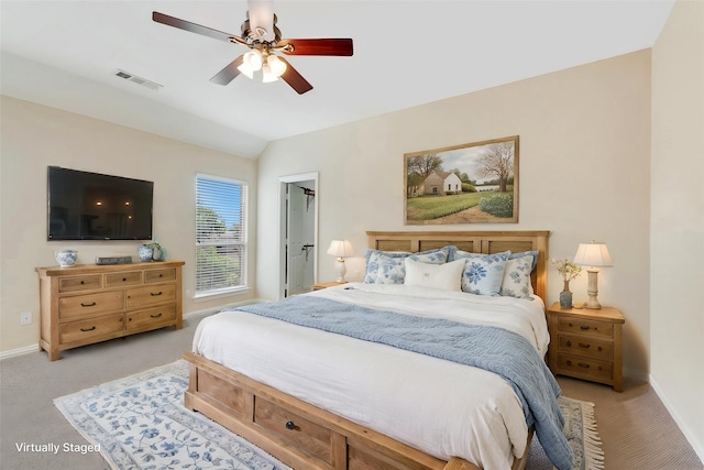 1090 Potter Ave, Rockwall, TX 75087 - bedroom with light colored carpet, baseboards, vaulted ceiling, and a ceiling fan