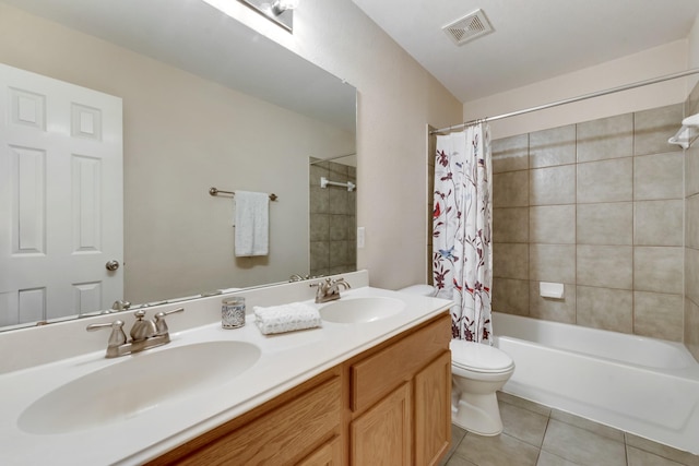 1090 Potter Ave, Rockwall, TX 75087 - bathroom featuring tile patterned floors, double vanity, shower / bath combo with shower curtain, and toilet