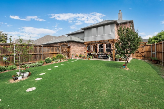 1090 Potter Ave, Rockwall, TX 75087 - back of house with a chimney, a pergola, brick siding, and a patio area