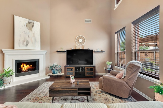 1090 Potter Ave, Rockwall, TX 75087 - living room featuring a high ceiling, wood finished floors, a glass covered fireplace, and baseboards