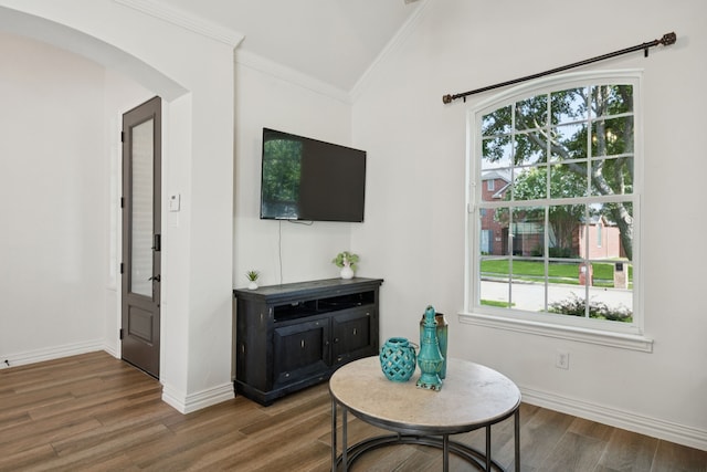 2628 Caddo Ct, Frisco, TX 75033 - living area featuring wood finished floors, lofted ceiling, plenty of natural light, arched walkways, and ornamental molding