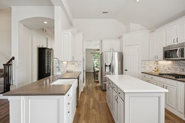 2628 Caddo Ct, Frisco, TX 75033 - kitchen with appliances with stainless steel finishes, a kitchen island, white cabinetry, dark wood finished floors, and vaulted ceiling