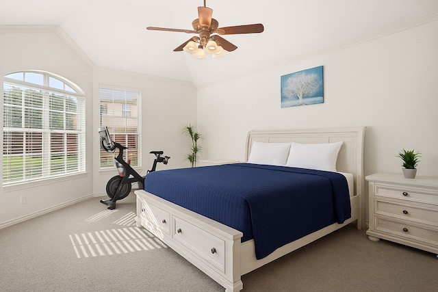 2628 Caddo Ct, Frisco, TX 75033 - bedroom featuring lofted ceiling, carpet floors, ornamental molding, and a ceiling fan
