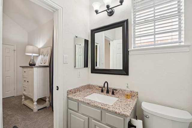 2628 Caddo Ct, Frisco, TX 75033 - bathroom featuring vanity, vaulted ceiling, and a textured wall