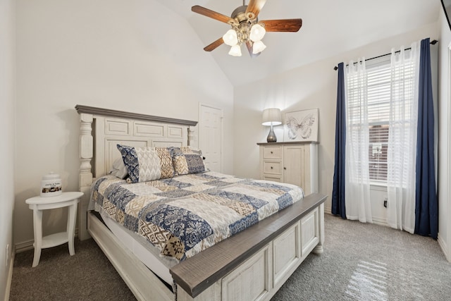 2628 Caddo Ct, Frisco, TX 75033 - bedroom featuring light colored carpet, high vaulted ceiling, and a ceiling fan