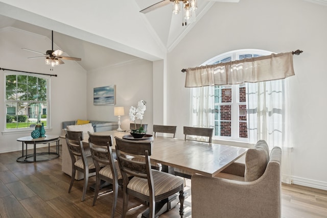 2628 Caddo Ct, Frisco, TX 75033 - dining room featuring ceiling fan, wood finished floors, and high vaulted ceiling
