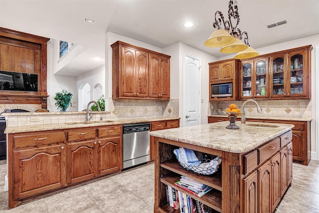 1217 Kent Brown Rd, Garland, TX 75044 - kitchen with stainless steel dishwasher, a sink, open shelves, built in microwave, and recessed lighting