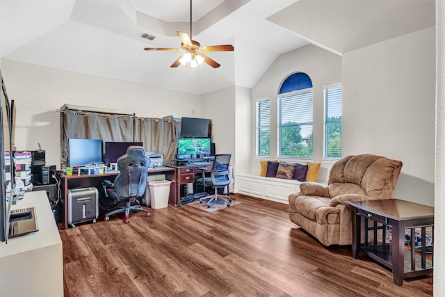 1217 Kent Brown Rd, Garland, TX 75044 - office area with a ceiling fan, wood finished floors, and vaulted ceiling