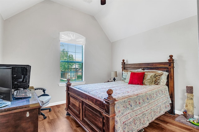 1217 Kent Brown Rd, Garland, TX 75044 - bedroom featuring vaulted ceiling, wood finished floors, baseboards, a desk, and ceiling fan