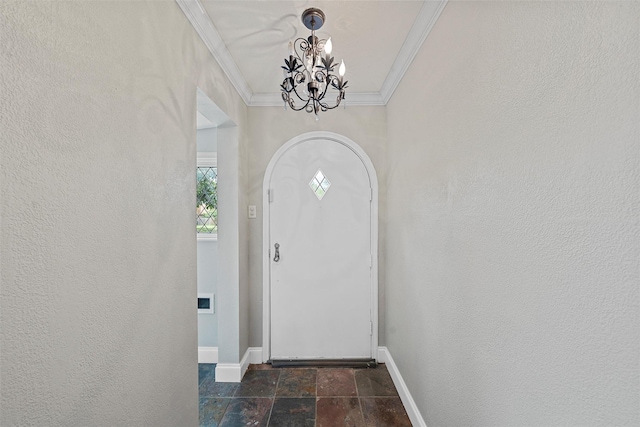 2530 Colcord, Waco, TX 76707 - doorway with a chandelier, baseboards, stone tile flooring, ornamental molding, and a textured wall