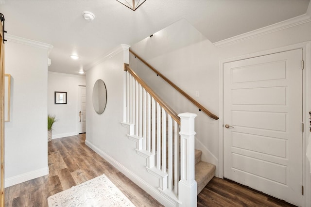 1321 Thistle Hill Trl, Weatherford, TX 76087 - staircase with ornamental molding, wood finished floors, and baseboards