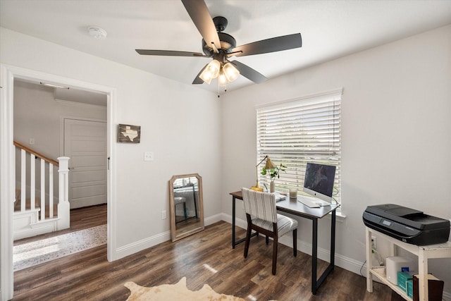 1321 Thistle Hill Trl, Weatherford, TX 76087 - office area featuring wood finished floors, a ceiling fan, and baseboards