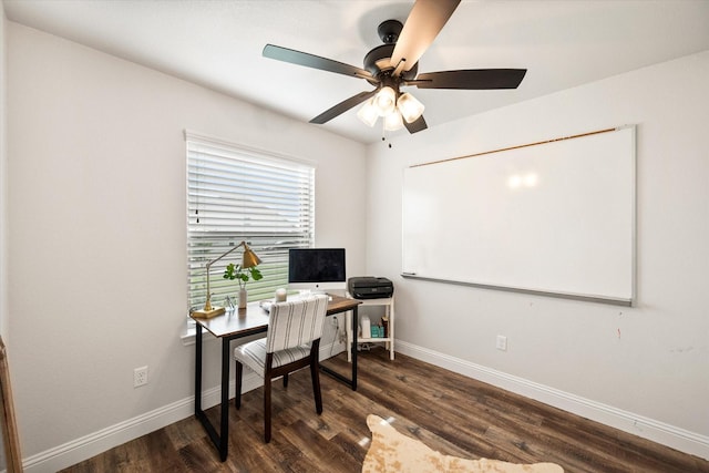 1321 Thistle Hill Trl, Weatherford, TX 76087 - office with dark wood-style floors, baseboards, and a ceiling fan