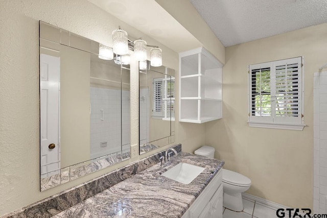 641 Hideaway Ln E, Hideaway, TX 75771 - bathroom featuring toilet, tile patterned flooring, a tile shower, vanity, and a textured ceiling