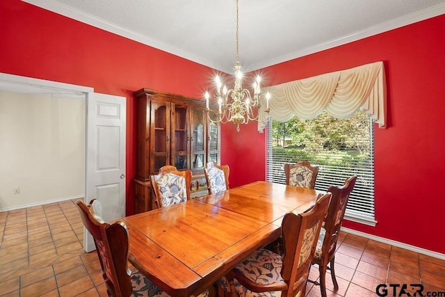 641 Hideaway Ln E, Hideaway, TX 75771 - tiled dining room with a chandelier, crown molding, and baseboards