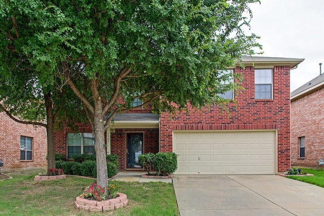 1508 Caymus Ct, Lewisville, TX 75067 - obstructed view of property with concrete driveway, an attached garage, brick siding, and a front yard