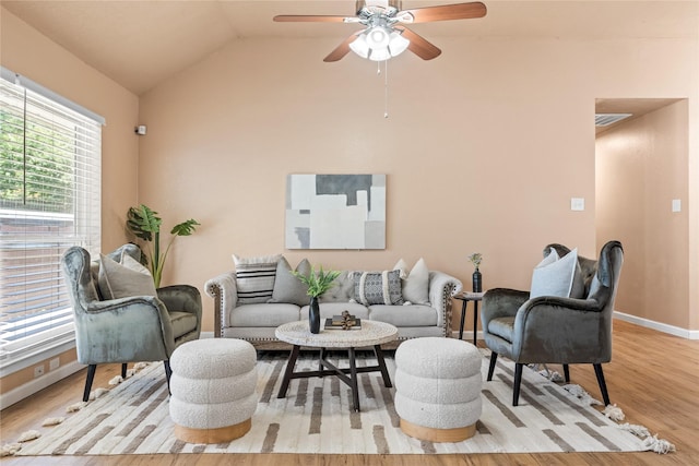 10328 Lone Pine Ln, Fort Worth, TX 76108 - living area featuring wood finished floors, baseboards, ceiling fan, and vaulted ceiling