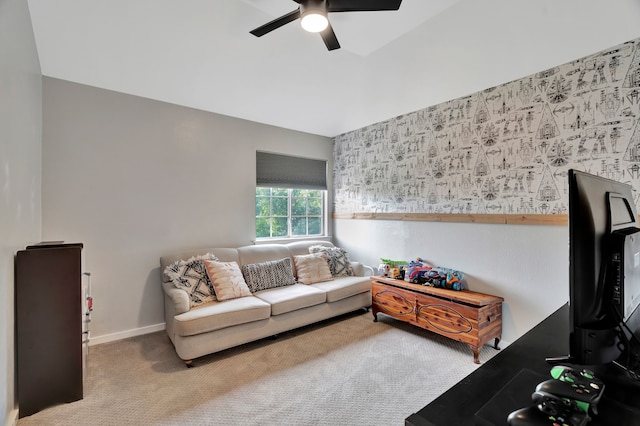 940 Crown Ct, Highland Village, TX 75077 - living area featuring carpet flooring, ceiling fan, and baseboards