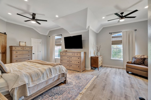 940 Crown Ct, Highland Village, TX 75077 - bedroom featuring multiple windows, light wood-style flooring, vaulted ceiling, ornamental molding, and baseboards