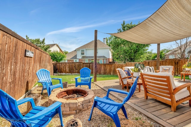 940 Crown Ct, Highland Village, TX 75077 - fenced backyard featuring an outdoor fire pit, a wooden deck, and outdoor dining area