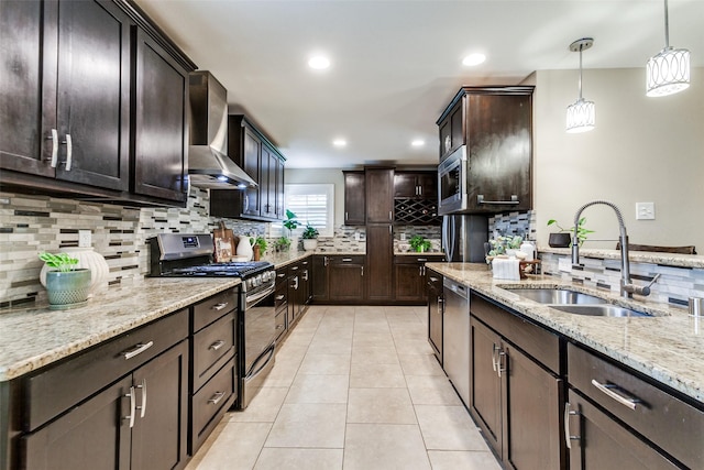 1117 Brandy Sta, Richardson, TX 75080 - kitchen with appliances with stainless steel finishes, a sink, wall chimney range hood, tasteful backsplash, and light stone counters